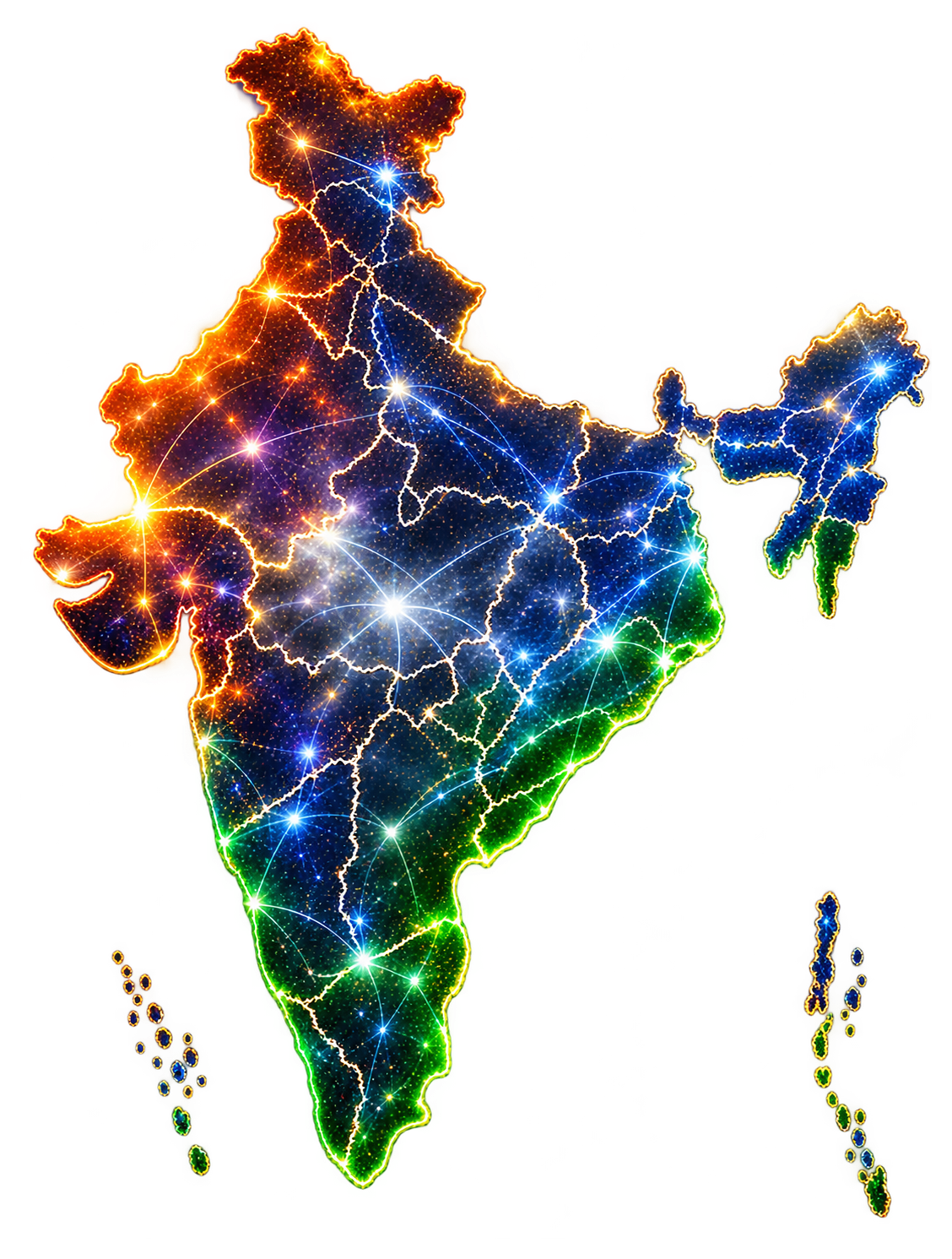 India represented as a glowing star map with saffron, white and green highlights